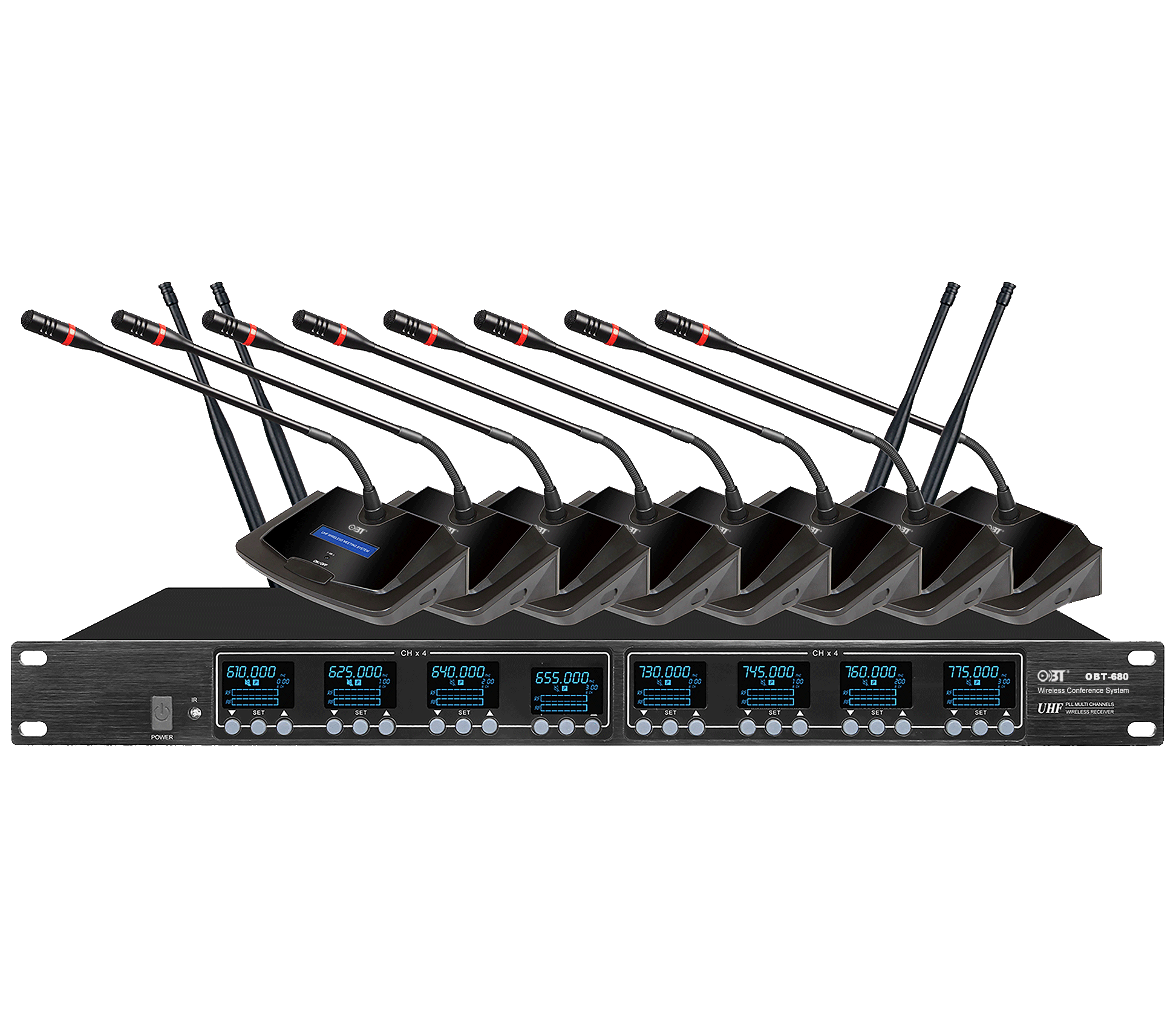 U段無線會(huì)議系統(tǒng)一拖八無線話筒套裝 OBT-680